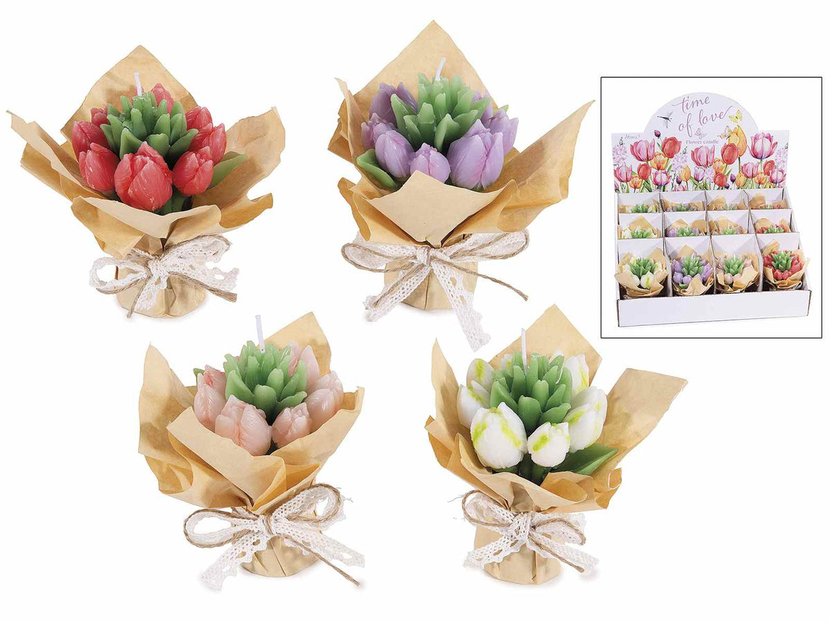 Candele a bouquet di tulipani con carta regalo e nastro in espositore da 12, set da 12 pezzi, Candela: cm 9,5x7,5x12 H