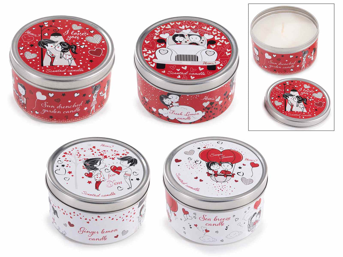 Candele profumate per San Valentino in barattolino di metallo con innamorati, set da 8 pezzi, Ø 8 cm x 4,5 H