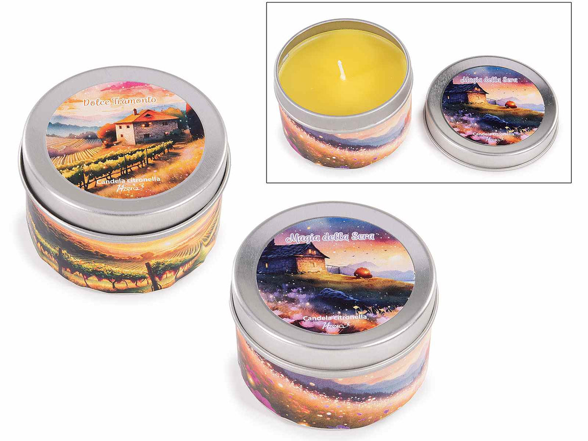 Candele alla Citronella in scatola / barattolino di metallo rotondo, set da 16 pezzi, Ø 6 cm x 4 H