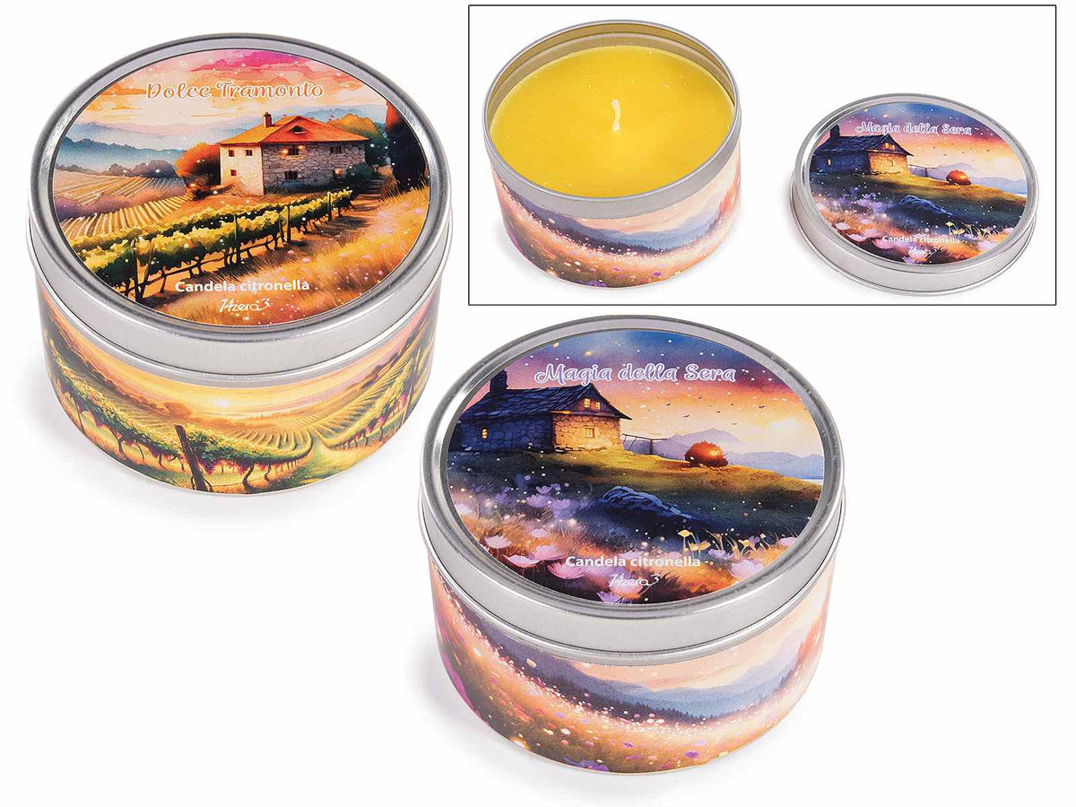 Candele alla fragranza Citronella in scatola rotonda di metallo con coperchio, set da 6 pezzi, Ø 8 cm x 5 H