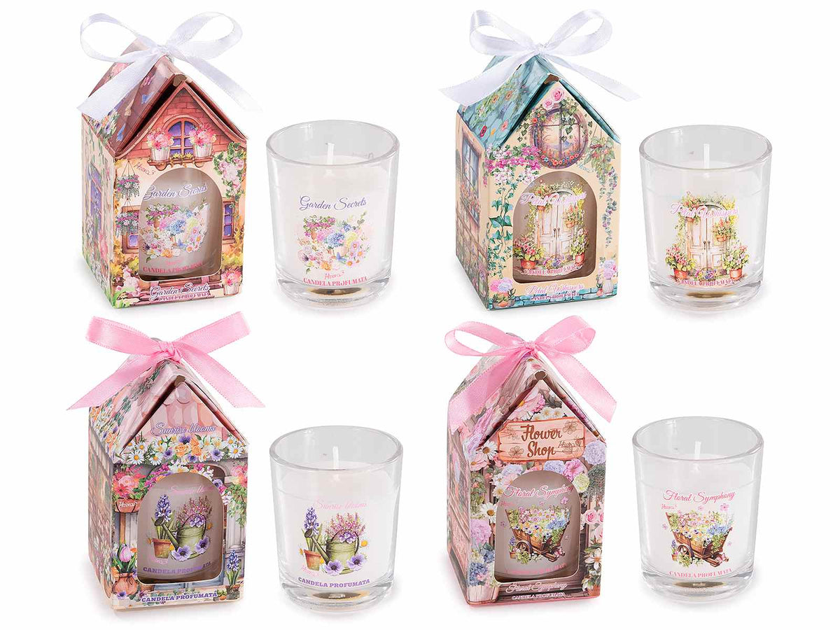 Candele profumate in bicchiere di vetro e confezione regalo a forma di casetta, set da 8 pezzi, Candela: Ø 5,5 cm x 6,5 H