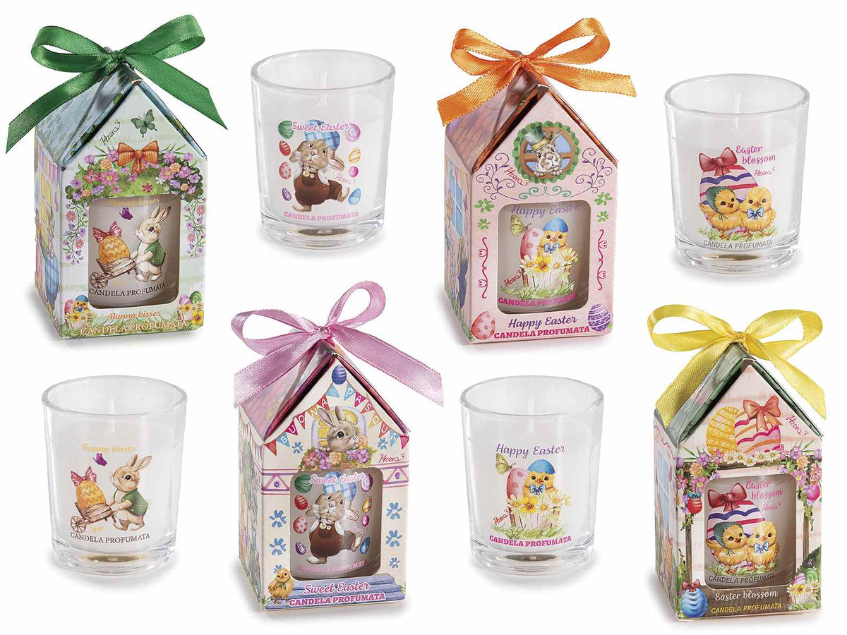 Candele pasquali profumate in vasetto / bicchiere di vetro e confezione, set da 8 pezzi, Candela: Ø 5,5 cm x 6,5 H