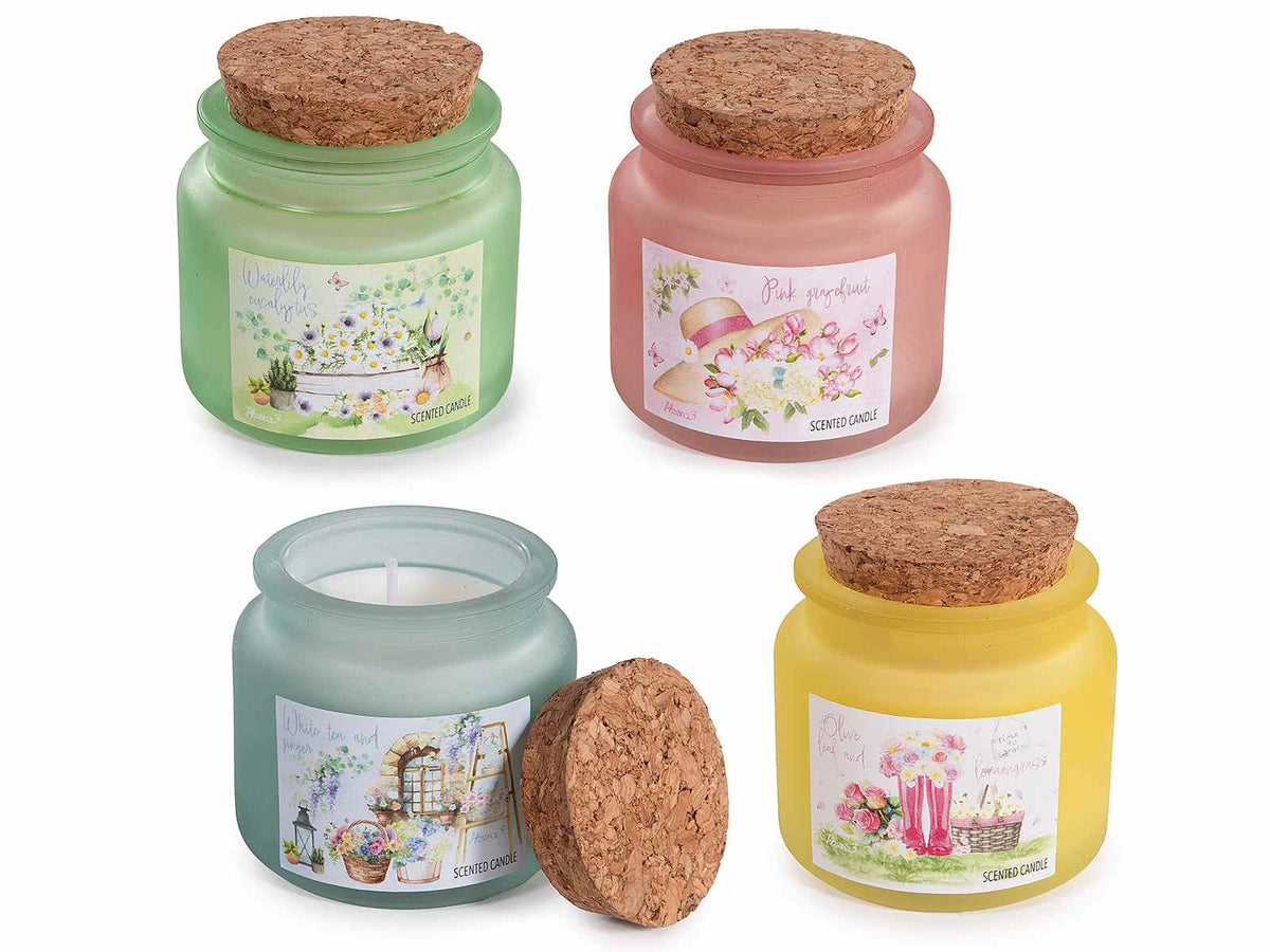Candele profumate in vaso a barattolo di vetro con tappo in sughero e stampa, set da 4 pezzi, Ø 6,5 cm x 6,5 H