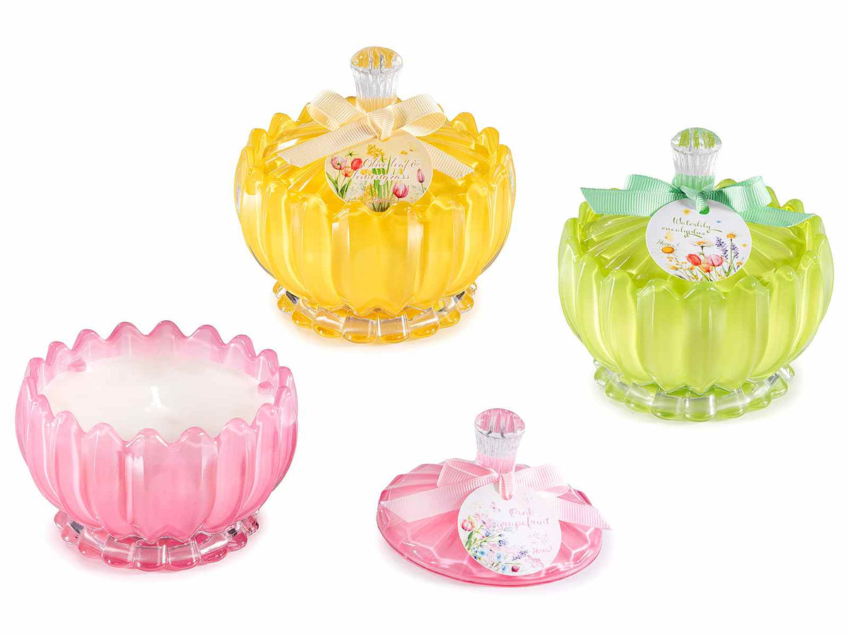 Candele profumate in vasetto di vetro con coperchio, fiocco e tag decorativo, set da 3 pezzi, Ø 11 cm x 10,5 H