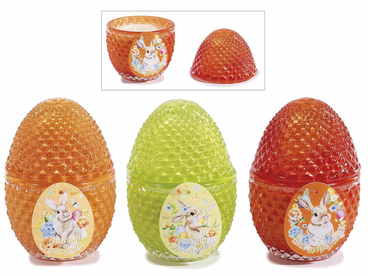 Candele profumate in barattolo di vetro lavorato a forma di uovo di Pasqua, set da 6 pezzi, Ø 8 cm x 11,5 H
