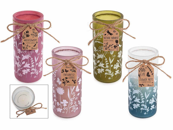 Candele profumate in vaso di vetro con decorazioni floreali, tag e fiocchetto, set da 4 pezzi, Ø 6 cm x 14 H