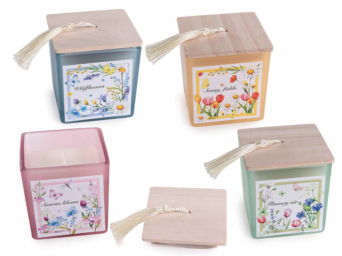 Candele profumate in barattolo di vetro con tappo in legno e nappina, set da 4 pezzi, cm 8 x 8 x 8,5 H