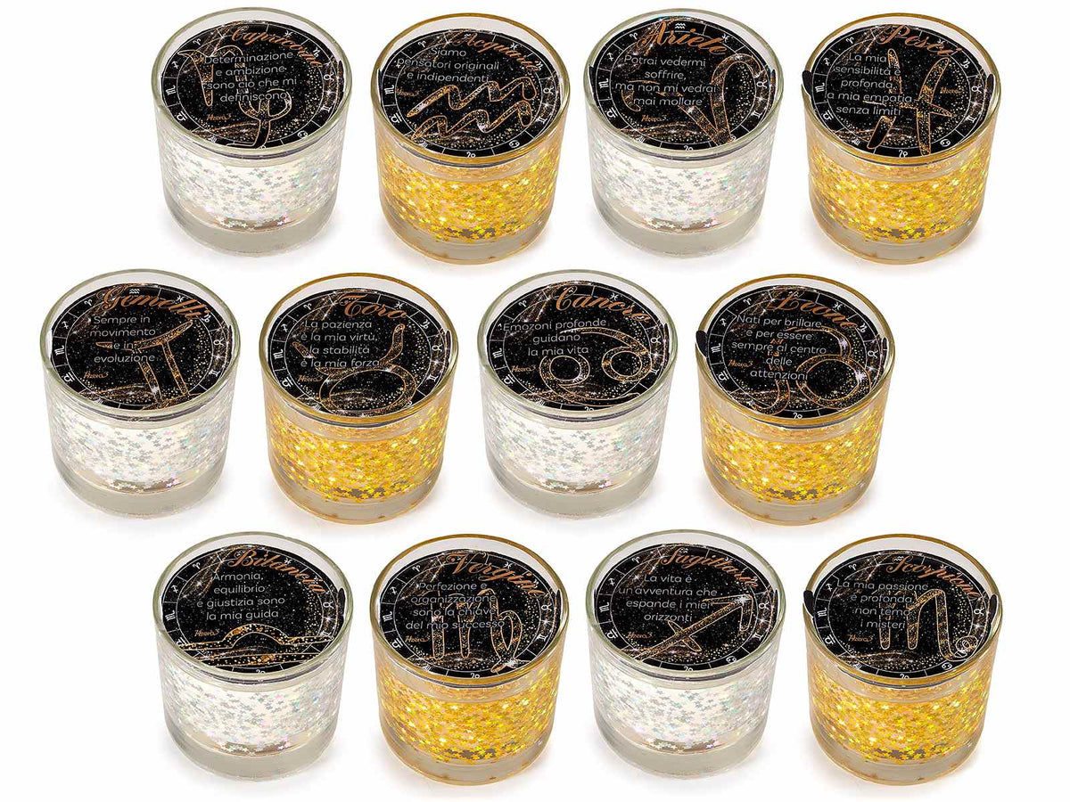Candele profumate con gel e glitter a stellina in vasetto di vetro, set da 12 pezzi, Ø 8 cm x 7,5 H