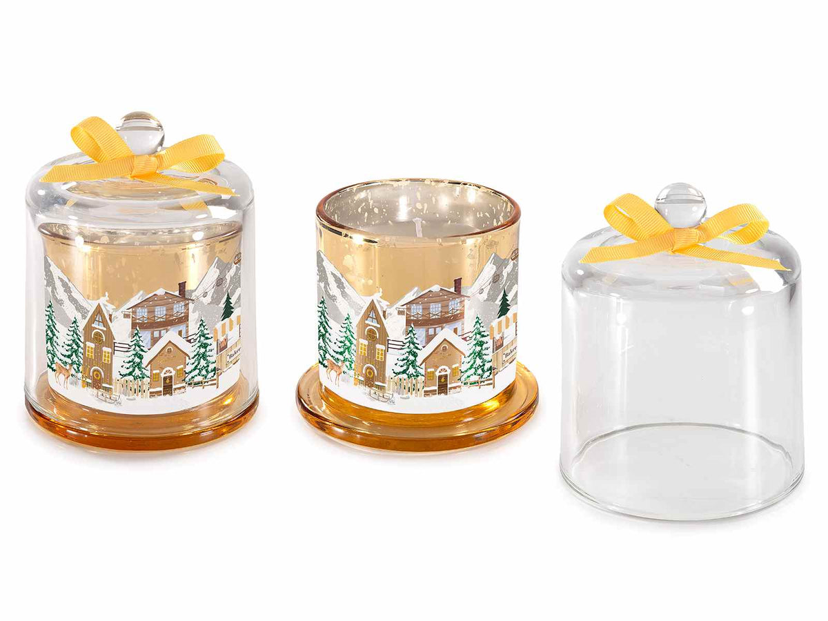 Candele di Natale con profumo in campana di vetro con fiocchetto, set da 2 pezzi, Ø 10,5 cm x 13,5 H