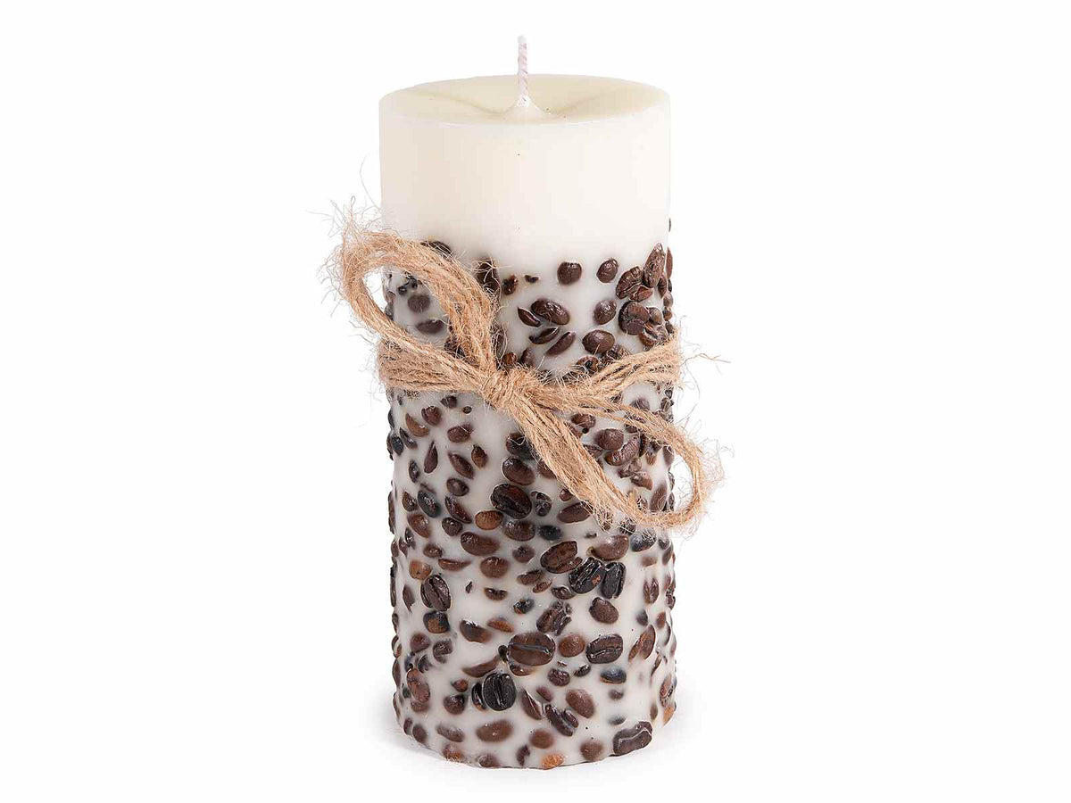 Candele profumate al caffè con veri chicchi e fiocco in juta, set da 2 pezzi, Ø 7 cm x 15 H