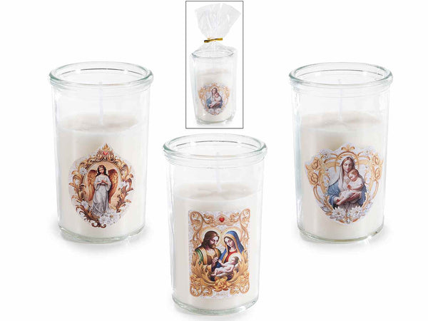 Candele votive con immagini sacre e religiose in vaso di vetro, in confezione, set da 12 pezzi, Ø 6,5 cm x 10 H