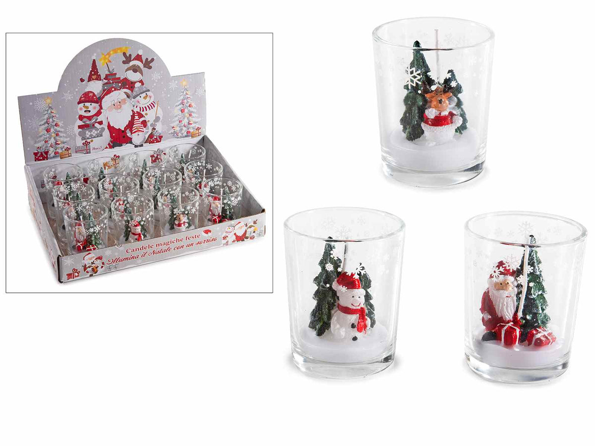 Candele di Natale in vasetto di vetro decorato con personaggio natalizio, set da 12 pezzi, Ø 5,5 x 6,5 H