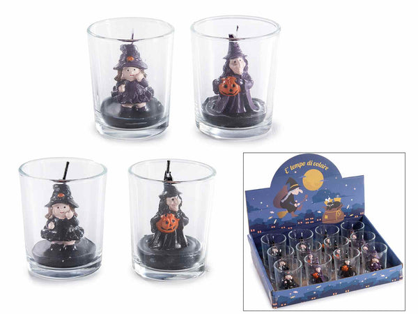Candele di Halloween in vasetto di vetro trasparente con streghetta, set da 12 pezzi, Candela: Ø 5,5 x 6,5 H