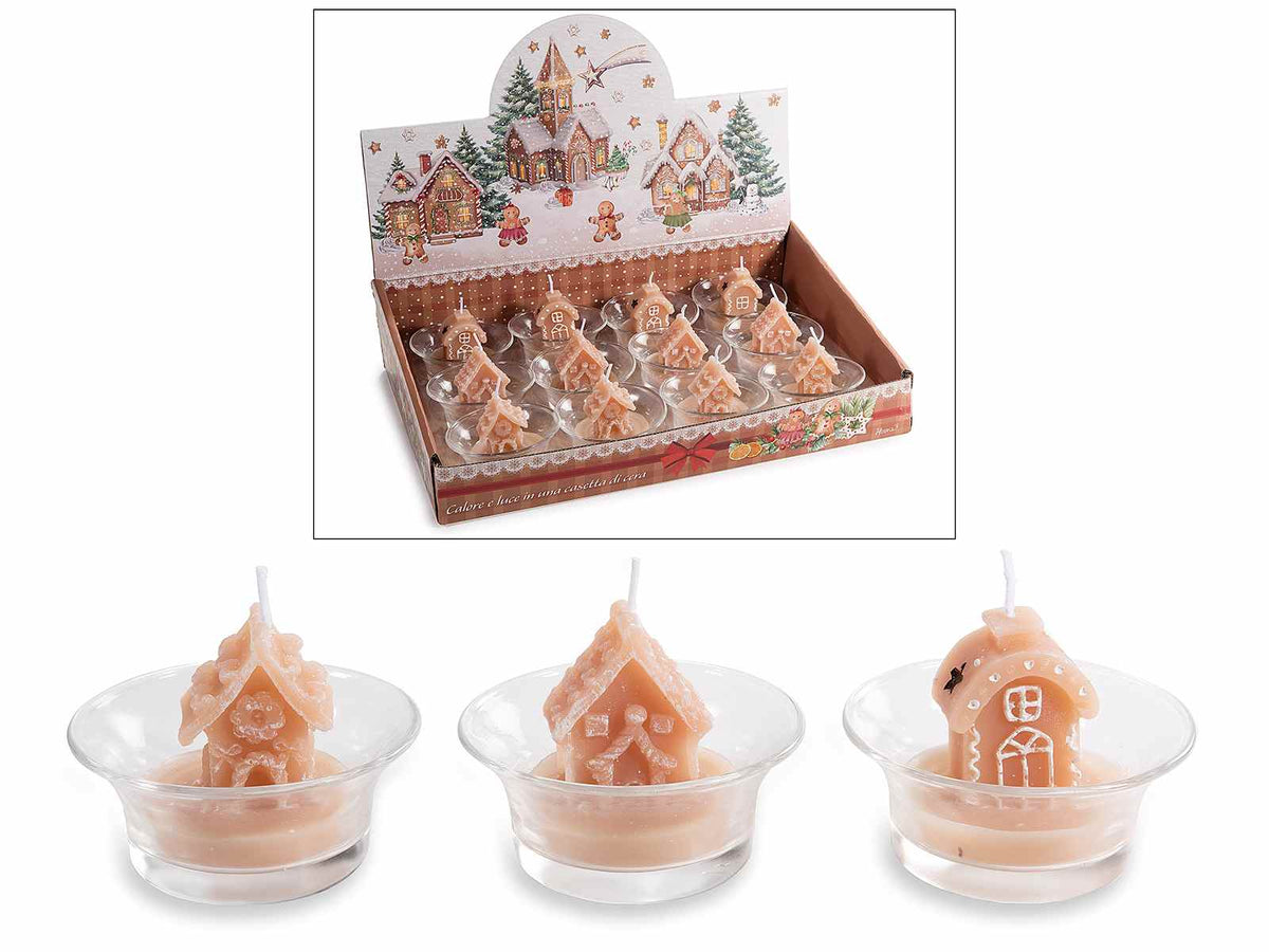Candele di Natale a forma di casetta pan di zenzero dentro a vasetto di vetro, set da 12 pezzi, Candela: Ø 6,5 x 5 H