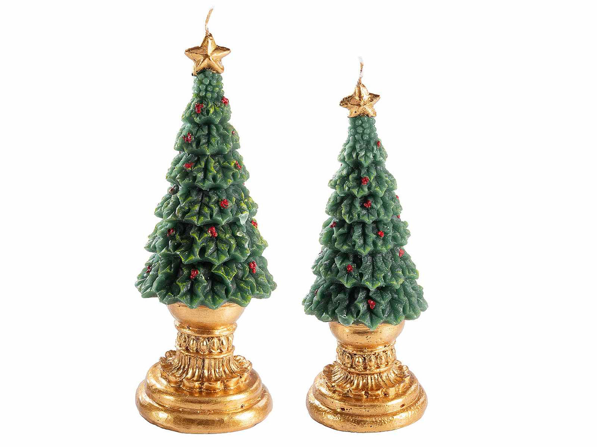 Candele ad albero di Natale decorato con addobbi e stella su elegante base, Grande: Ø 8,5 cm x 21 H