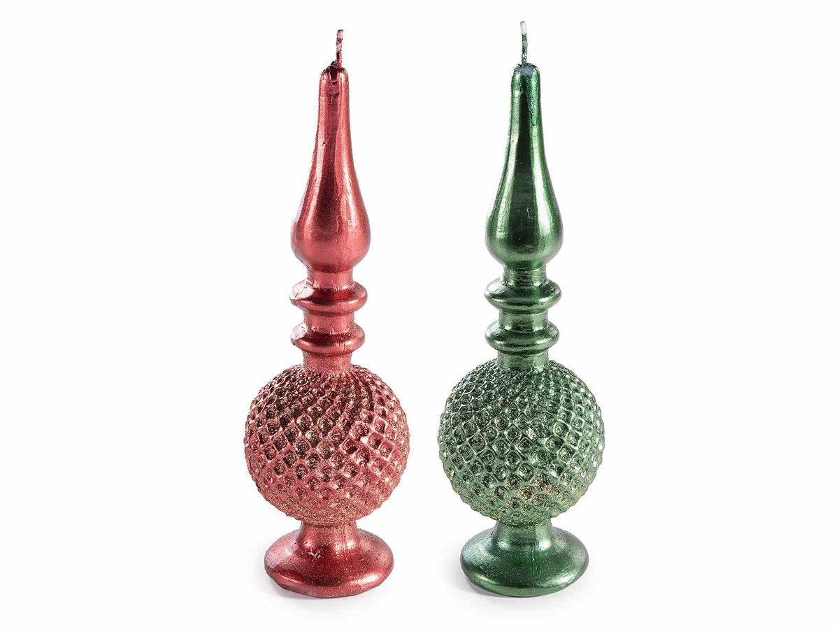 Candele con sagoma a forma di puntale albero di Natale decorate con glitter, set da 4 pezzi, Ø 6,5 cm x 19,5 H