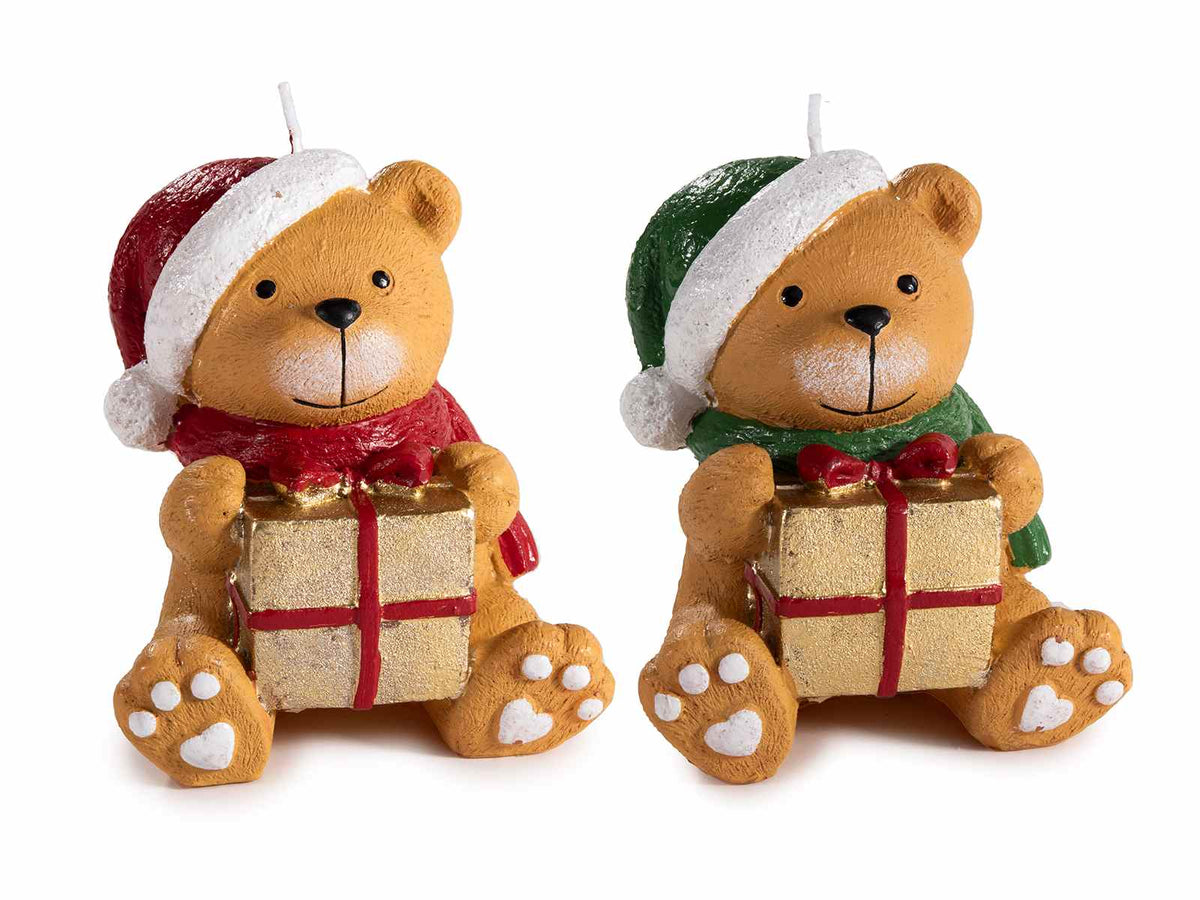 Candele di Natale ad orsetto natalizio colorato con cappello di Babbo Natale, set da 6 pezzi, cm 9 x 8,5 x 10,5 H