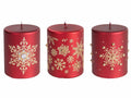 Candele di Natale rosse decorate con fiocchi di neve dorati e brillantini oro, set da 3 pezzi, Ø 7,5 cm x 9,5 H