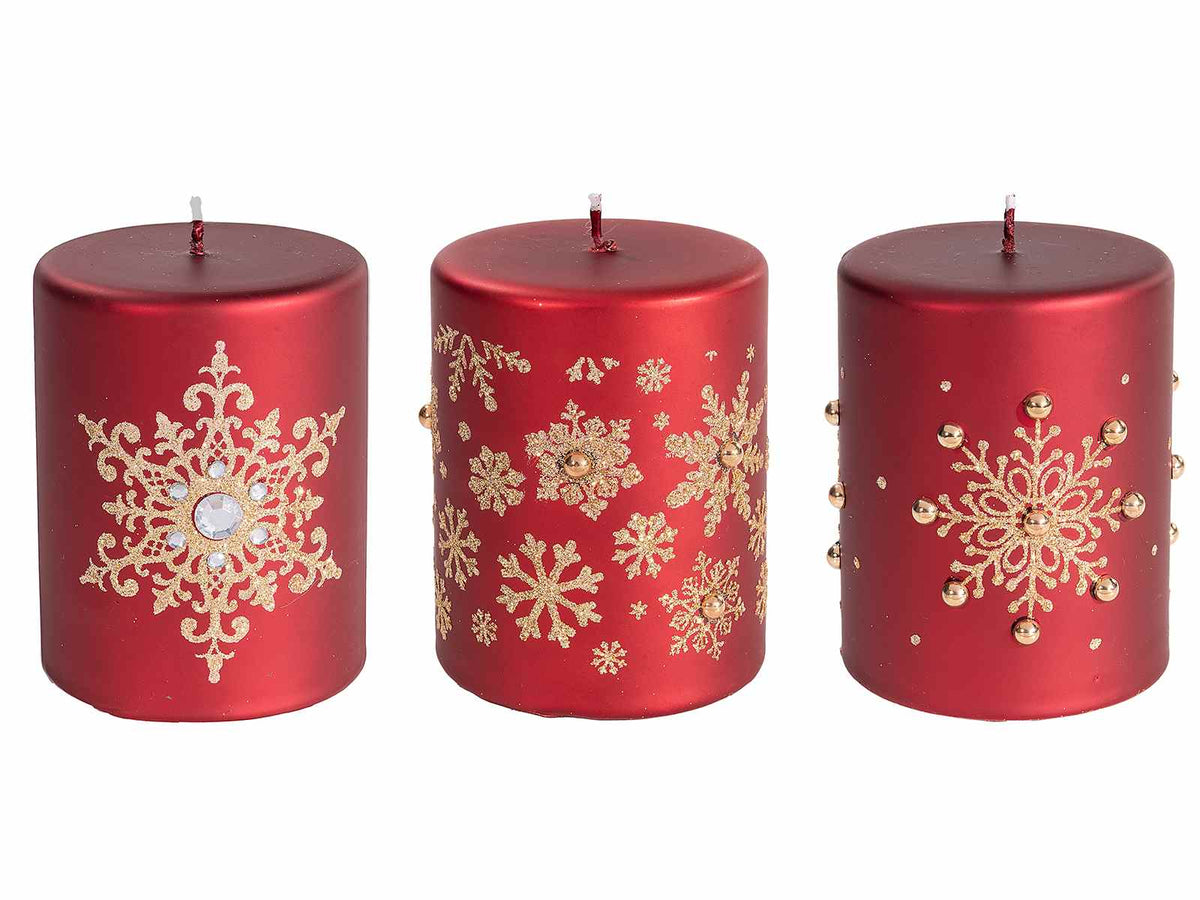Candele di Natale rosse decorate con fiocchi di neve dorati e brillantini oro, set da 3 pezzi, Ø 7,5 cm x 9,5 H