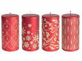 Candele di Natale con decorazioni e motivi natalizi dorati e brillantini oro, set da 4 pezzi, Ø 7,5 cm x 14,5 H