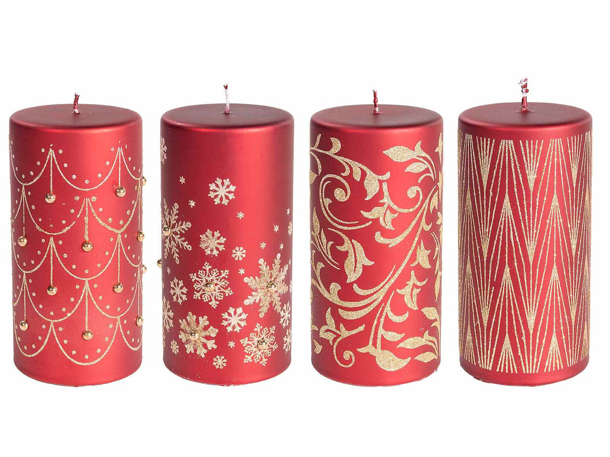 Candele di Natale con decorazioni e motivi natalizi dorati e brillantini oro, set da 4 pezzi, Ø 7,5 cm x 14,5 H