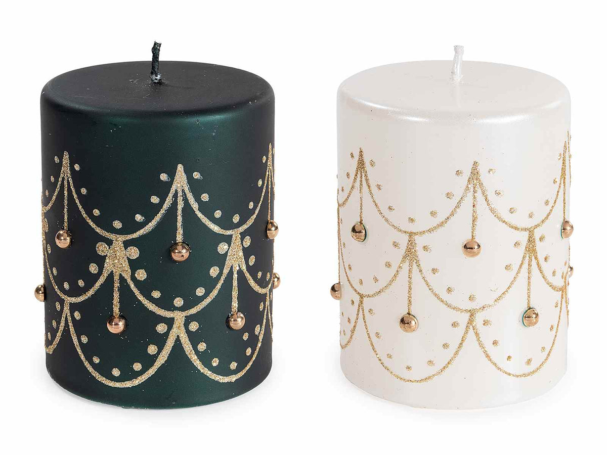 Candele natalizie eleganti bianche e nere con decorazioni dorate e brillantini, set da 4 pezzi, Ø 7,5 cm x 9,5 H