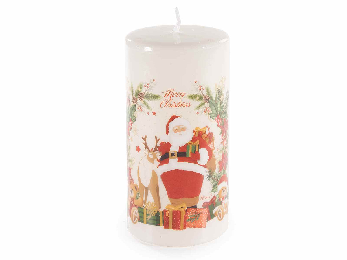 Candele natalizie con decoro Babbo Natale e renna con scritta Merry Christmas, set da 2 pezzi, Ø 7,5 x 14,5 H