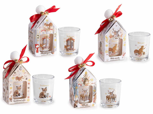 Set di 8 candele profumate di Natale in bicchiere di vetro con decori natalizi animaletti del bosco, in confezione regalo a casetta con fiocco, pompon e campanella, Candela: Ø…