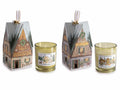 Candele profumate di Natale in barattolo di vetro colorato dentro confezione regalo a forma di casetta natalizia, con cordino per appendere e campanel