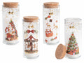 Candele profumate di Natale in barattolo vetro con coperchio in sughero, stampa, set da 4 pezzi, Ø 6 cm x 14,5 H