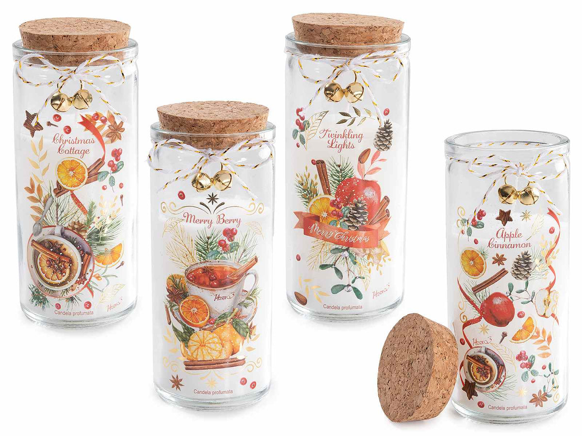 Set di 4 candele di Natale profumate in barattolo vetro con decorazioni dolcetti natalizi, coperchio in sughero, fiocchetto e campanelle decorative, Ø 6 cm x 14,5 H