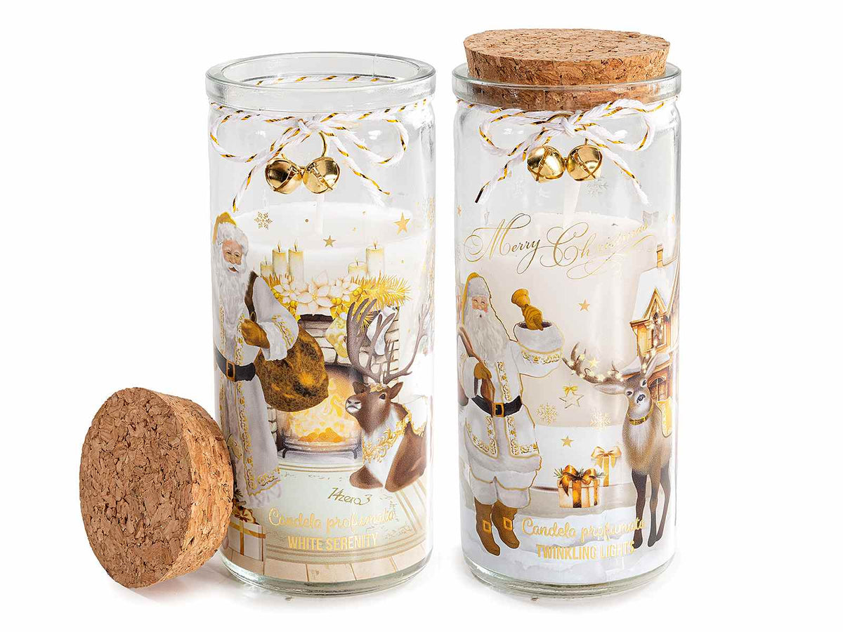 Candele profumate di Natale in barattolo vetro con decorazioni Babbo Natale, set da 4 pezzi, Ø 6 cm x 14,5 H