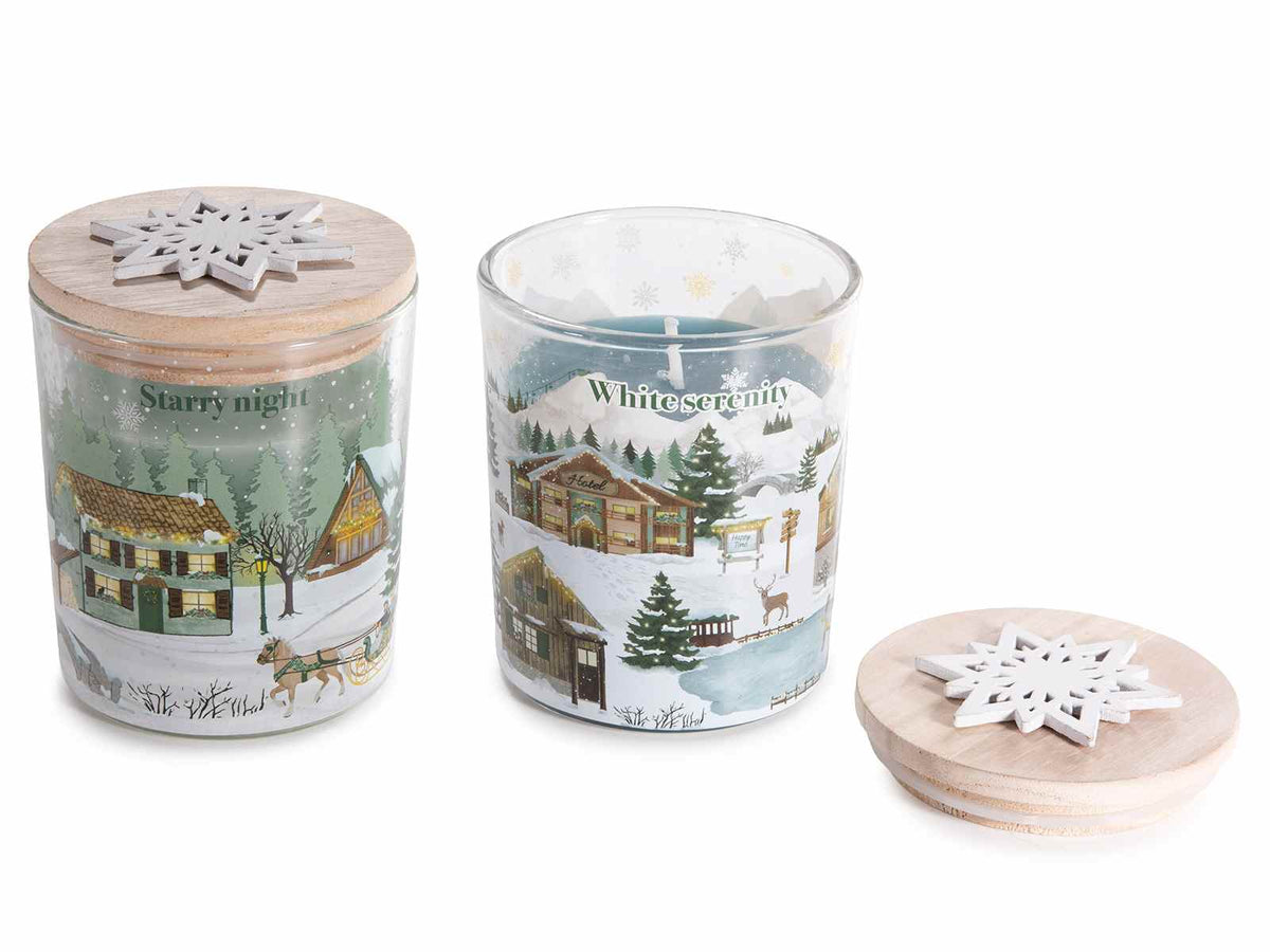 Candele profumate di Natale in barattolo di vetro stampa paesaggio natalizio, set da 4 pezzi, Ø 7 cm x 8,5 H