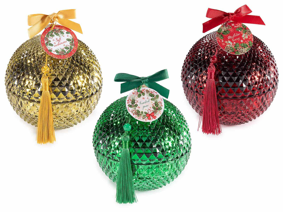 Candele profumate di Natale in vasetto di vetro colorato e lavorato, set da 3 pezzi, Ø 10,5 cm x 12 H