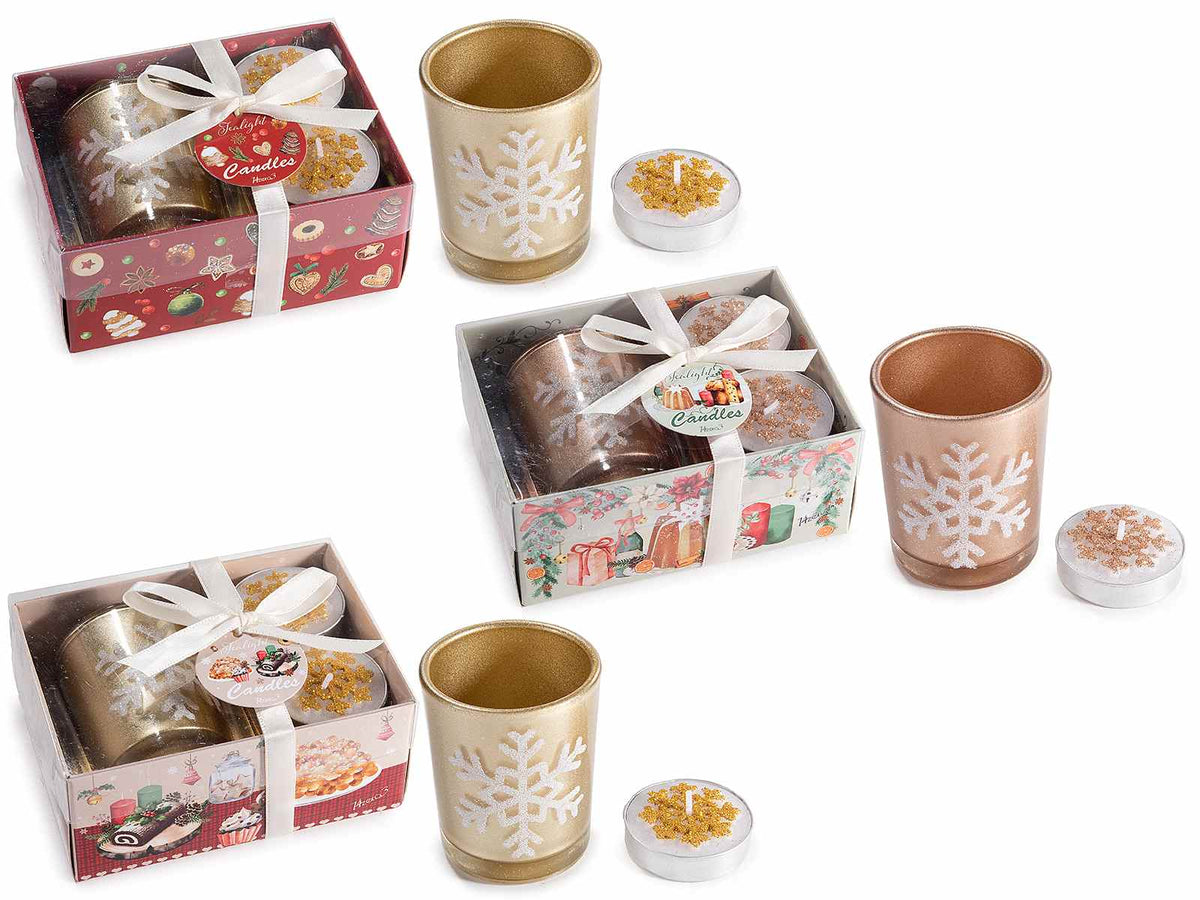 Confezioni regalo di Natale con portacandela in vetro e 2 tealight con decoro, set da 9 pezzi, Portacandela: Ø 5 x 6 H
