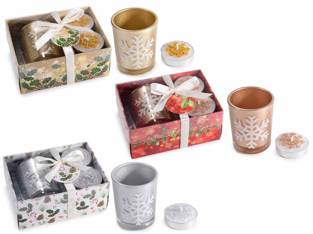 Confezioni regalo di Natale con portacandela in vetro e 2 tealight con decoro, set da 9 pezzi, Portacandela: Ø 5 x 6 H