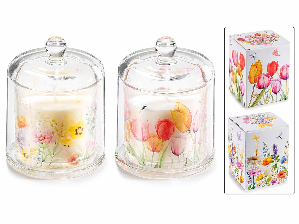 Candele profumate in campana di vetro trasparente con decorazioni floreali, set da 4 pezzi, Candela: Ø 9 cm x 12 H