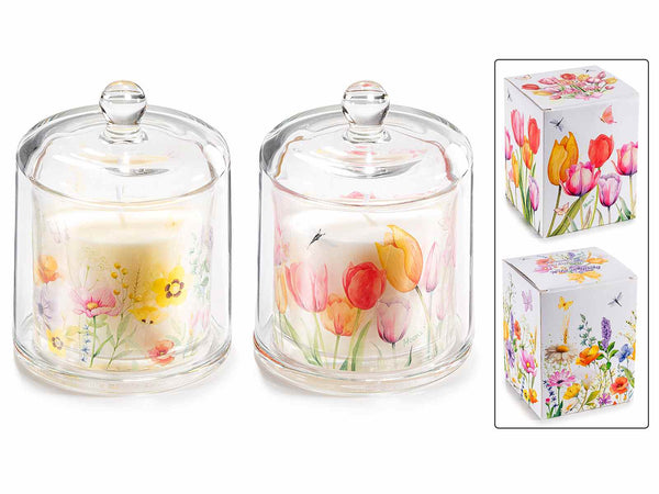 Candele profumate in campana di vetro trasparente con decorazioni floreali, set da 4 pezzi, Candela: Ø 9 cm x 12 H