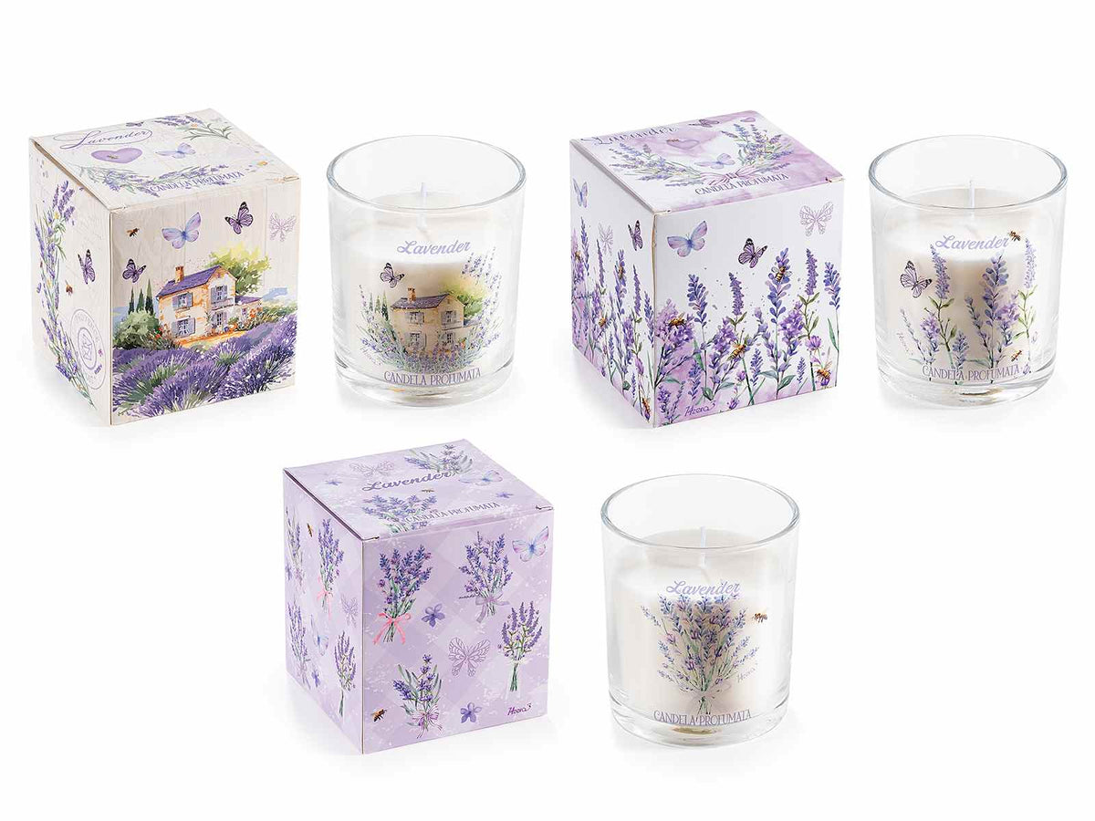 Candele profumate in vasetto di vetro decori lavanda in confezione regalo, set da 3 pezzi, Ø 8 cm x 9 H
