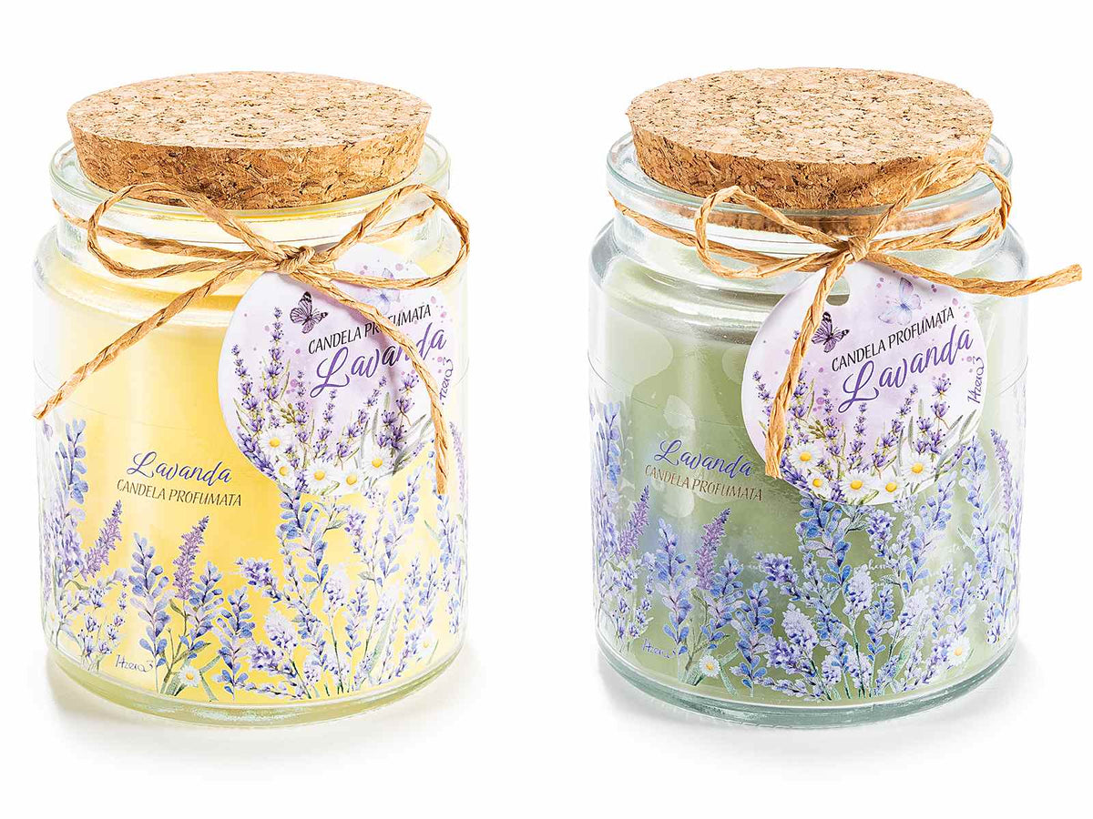 Candele profumate alla lavanda in barattolo di vetro con tappo in sughero e tag, set da 8 pezzi, Ø 7 cm x 9 H