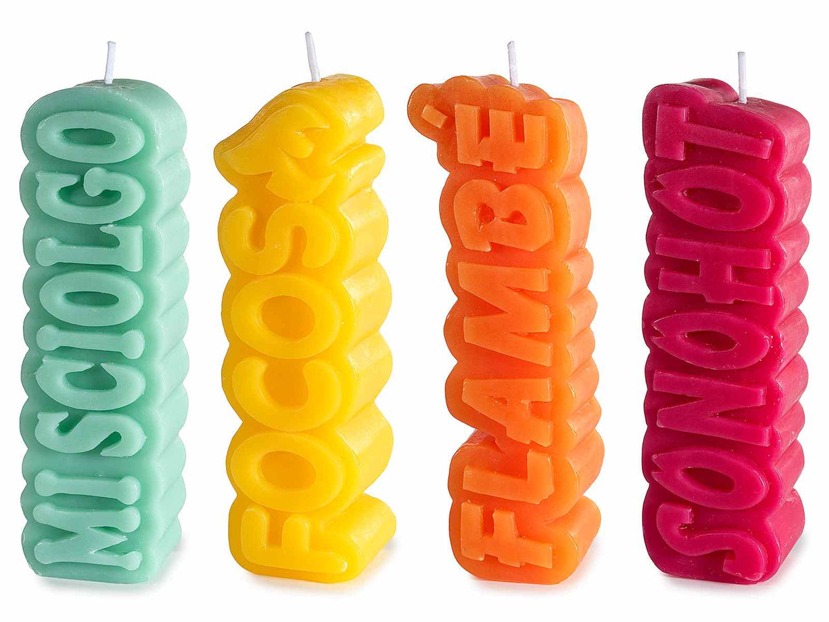 Candele colorate con scritta sagomata, set da 8 pezzi, cm 4,5 x 3,5 x 14,5 H