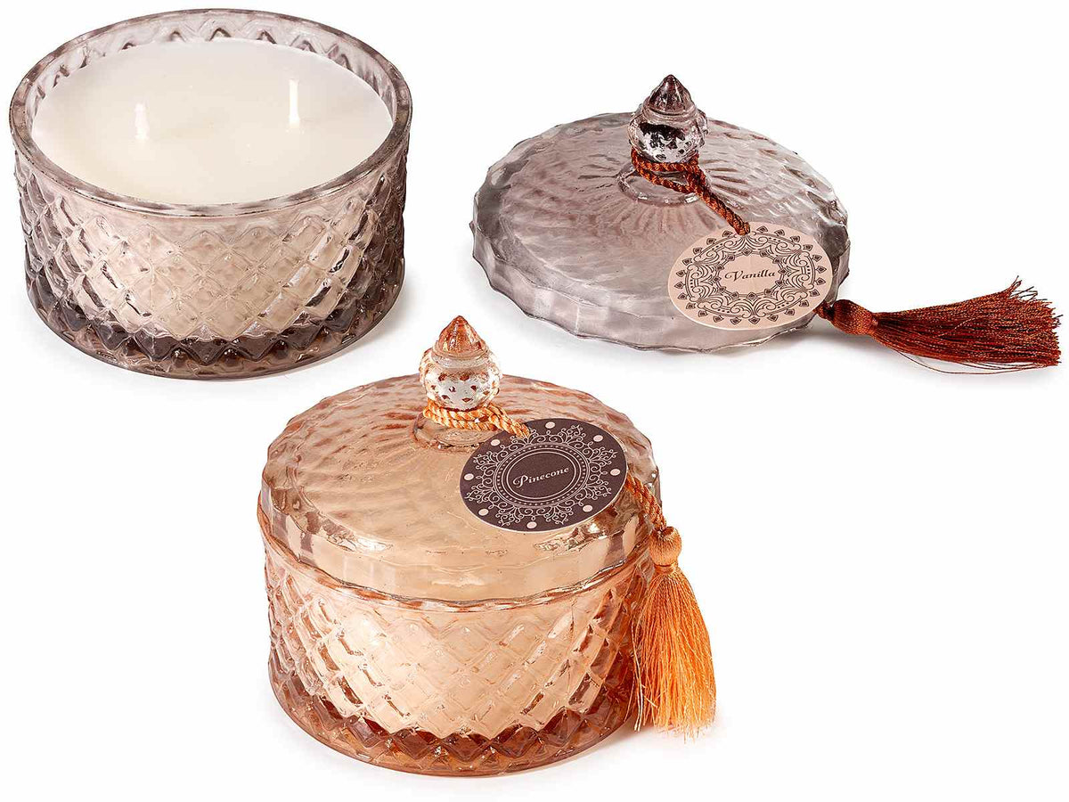 Candele profumate in vasetto di vetro lavorato con nappina, set da 2 pezzi, Ø 10 cm x 10 H