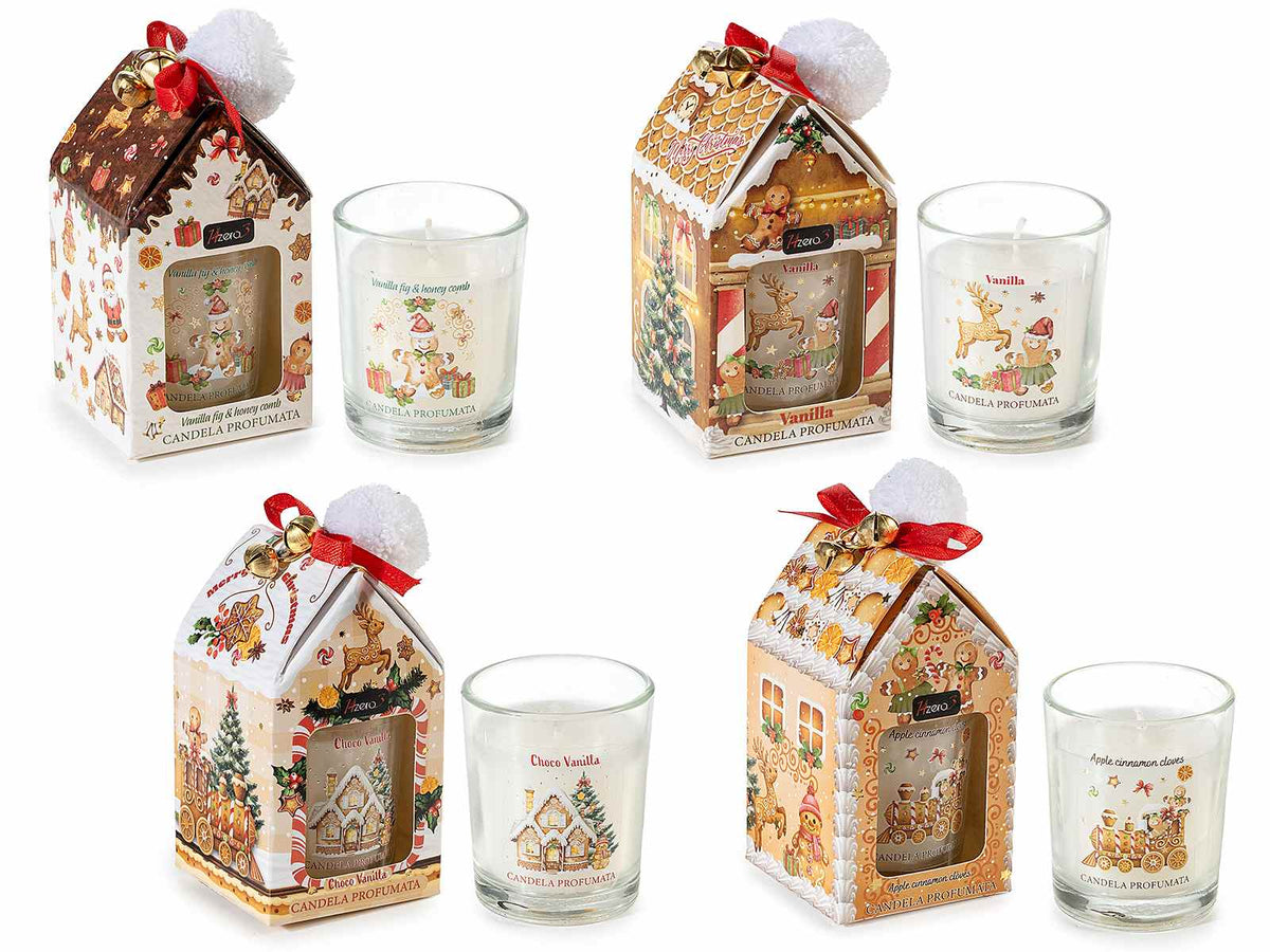 Candele profumate in bicchiere di vetro con decori pan zenzero, in confezione, set da 4 pezzi, Candela: Ø 5,5 cm x 6,5 H