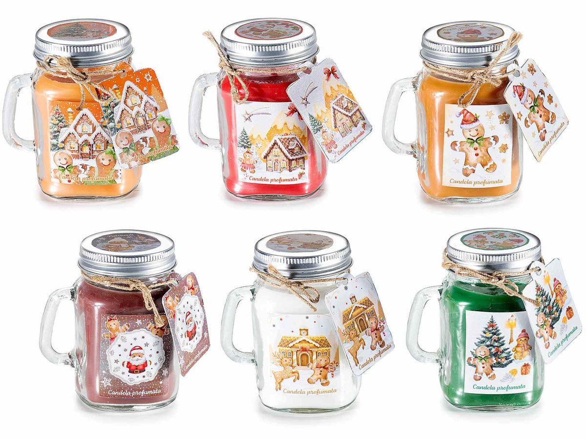 Candele profumate natalizie in barattolo di vetro a giara con manico e coperchio, set da 6 pezzi, cm 7 x 5 x 8,5 H