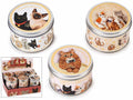 Candele profumate in scatola di metallo con decori gattini in espositore da 12, set da 12 pezzi, Ø 7,5 cm x 5 H
