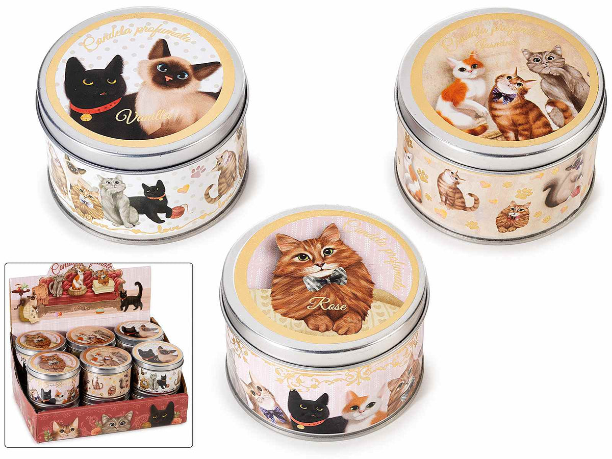 Candele profumate in scatola di metallo con decori gattini in espositore da 12, set da 12 pezzi, Ø 7,5 cm x 5 H