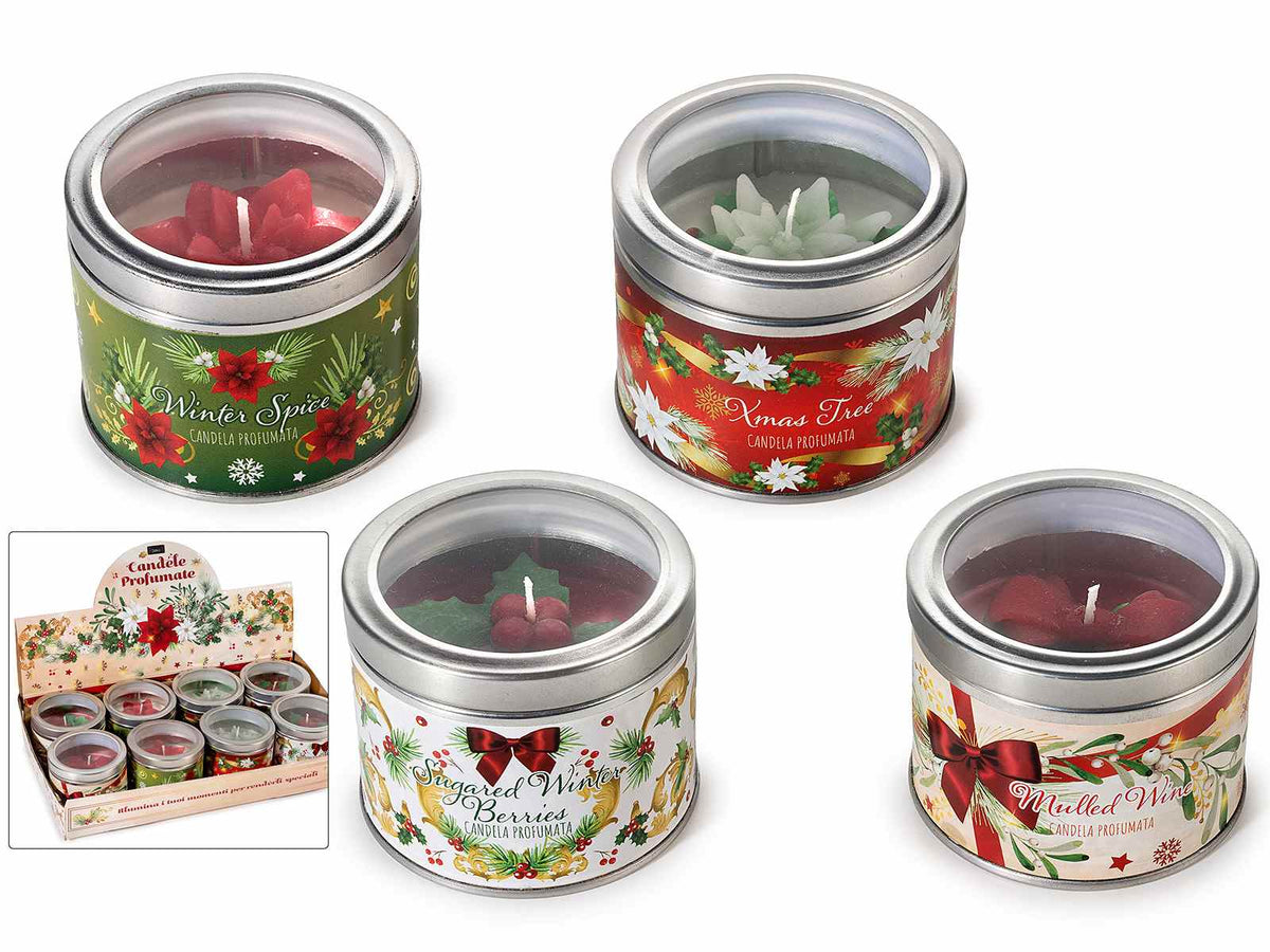 Candele profumate con decori in rilievo in scatola metallo, stampa stelle, set da 8 pezzi, Ø 7,5 cm x 6 H