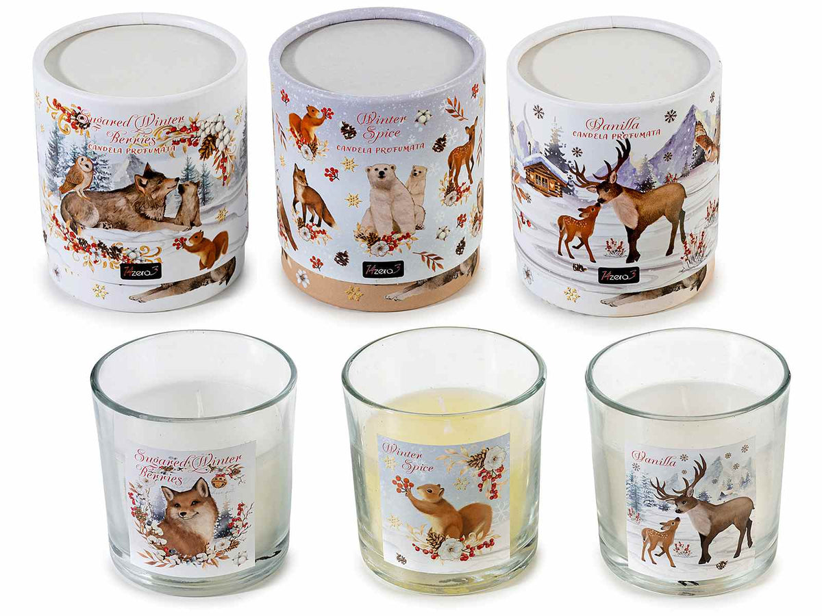 Candele profumate in vasetto di vetro con decori natalizi animaletti, set da 3 pezzi, Ø 7,5 cm x 8 H