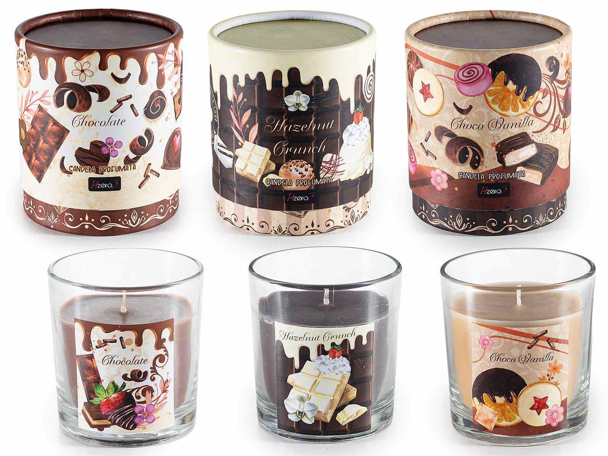 Candele profumate in vasetto di vetro con decori cioccolato in confezione regalo, set da 3 pezzi, Ø 7,5 cm x 8 H