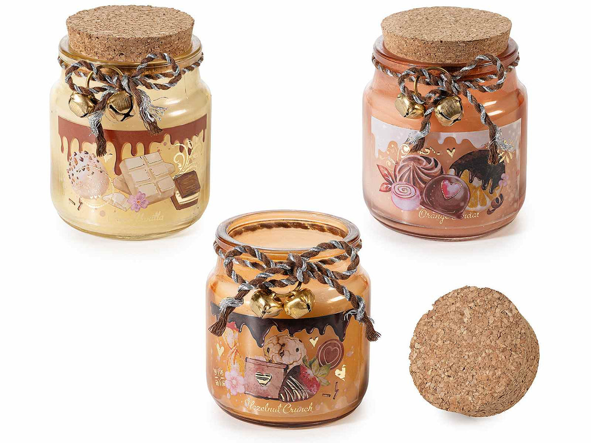 Candele profumate in barattolo di vetro con tappo in sughero e stampa dolcetti, set da 6 pezzi, Ø 6 cm x 7,5 H